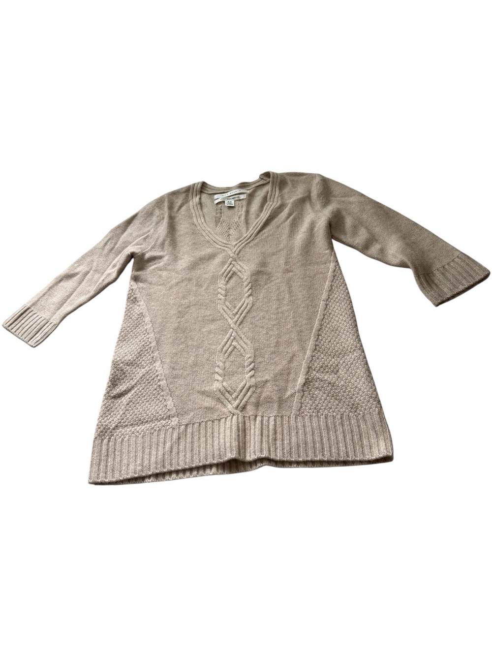 Max Studio 100% cashmere small cable knit tan sweater V-neck long sleeve cozy